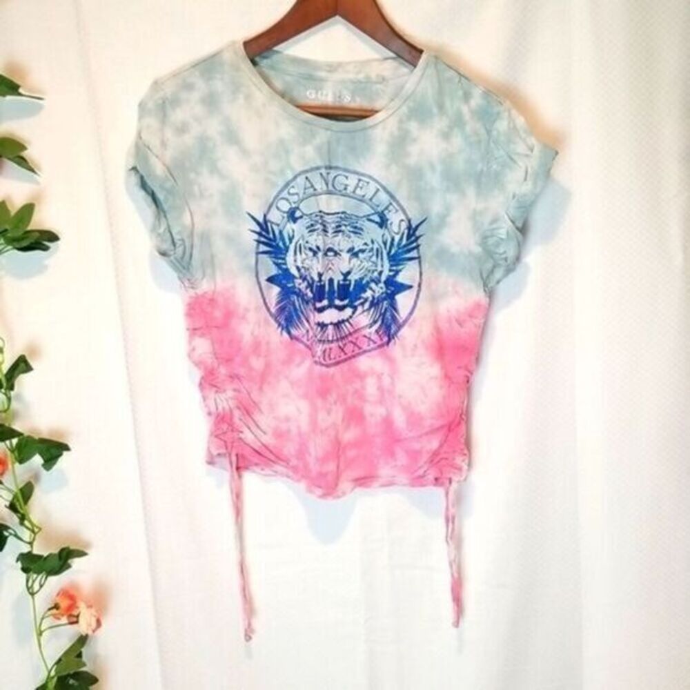 Guess Tie Dye Crop Top Blue and Pink Ruched sides‎ Size M